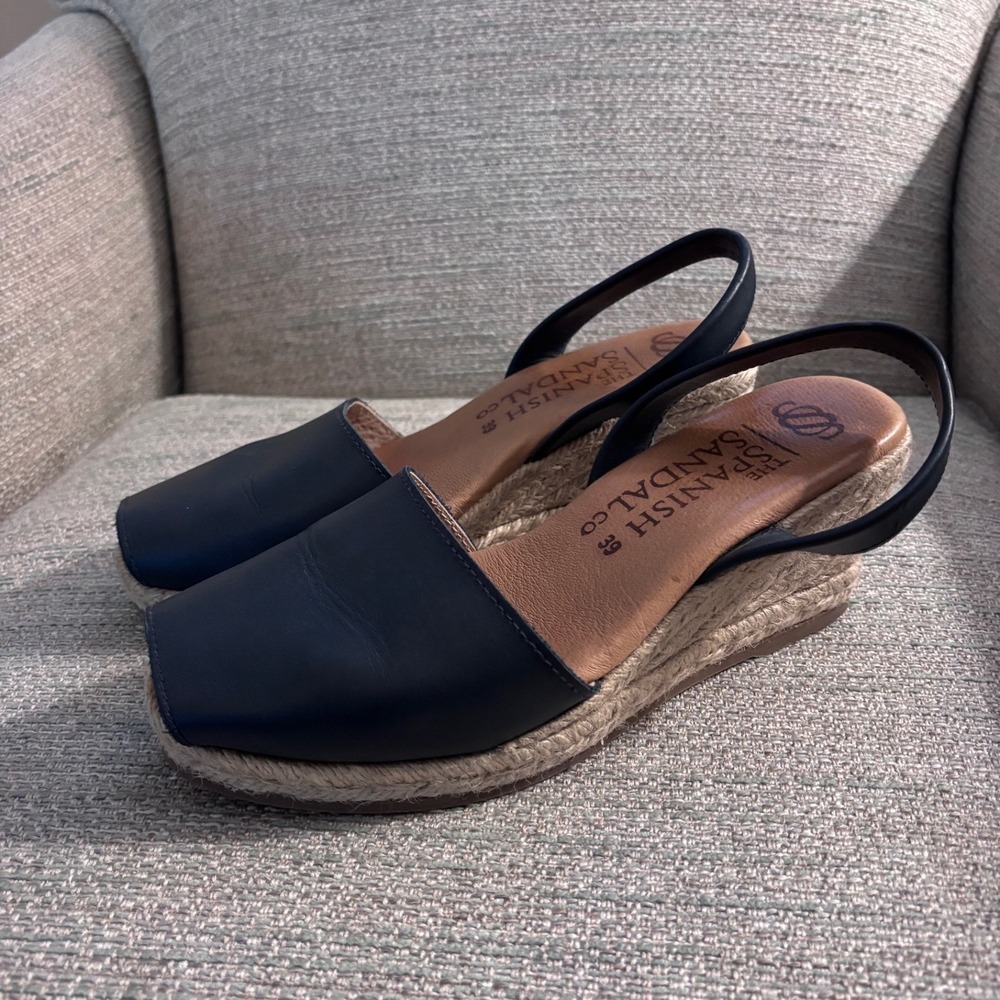 The Spanish Sandal Co Navy Leather Espadrille Wedge Sandals Slingback Size 39‎